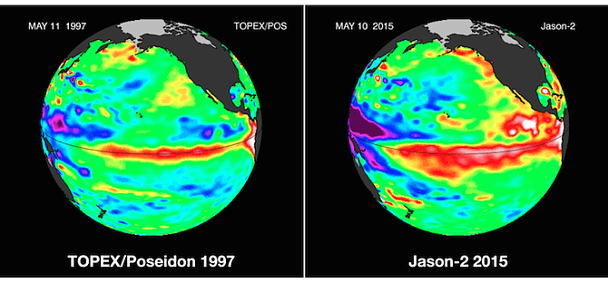 Comparison of ocean water temperatures in 1997 and 2015