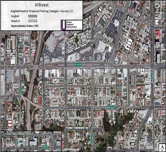 Map indicating areas where 145 more parking spots can be squeezed out of Hillcrest (click for full picture)