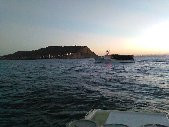Laden with lobster traps off  Point Loma, ~6 a.m. on October 6, 2015