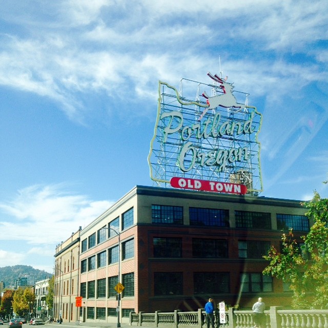 Iconic Portland Oregon sign in Downtown Portland.