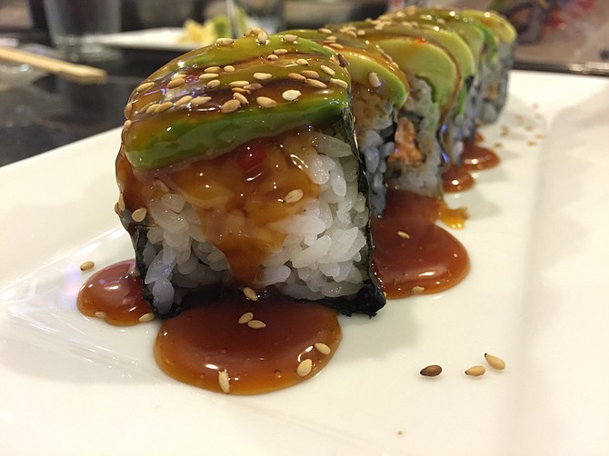 The saucy business end of a Spicy Yellowtail roll