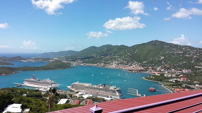 This is a view of St. Thomas Island and cruise ships from up on the Sky Tram ride.