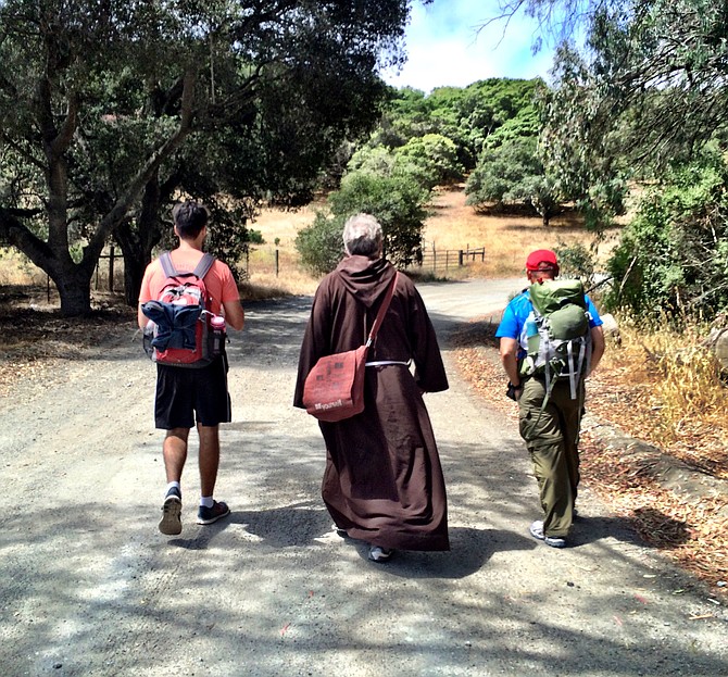 (L-R) Pete, my nephew with Friar Bob and Jim Lutz who I met on the California Mission Walkers Facebook page. 