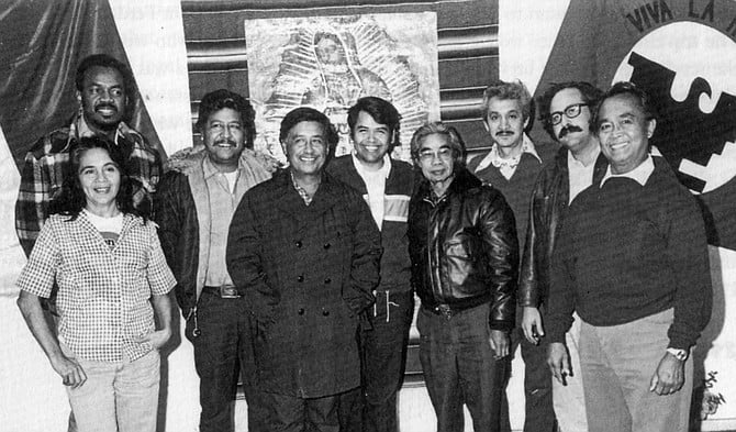 The United Farm Workers executive board, 1977; Eliseo Medina (David's father) fourth from left, César Chávez far right