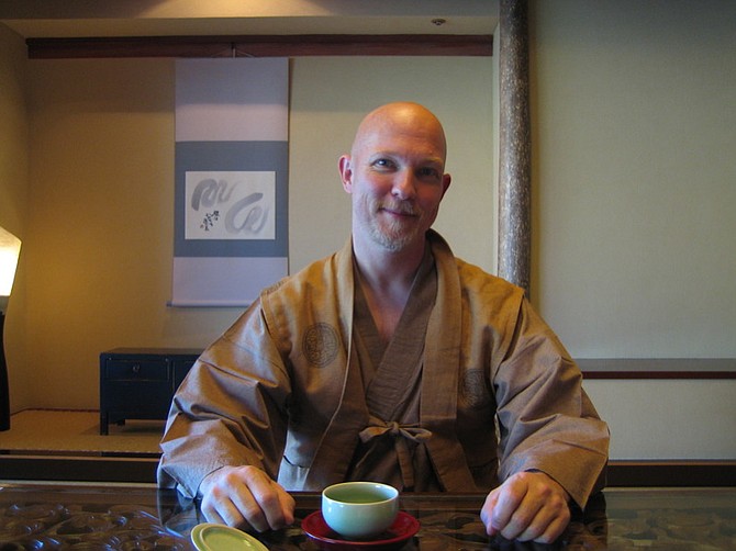 David, ready to eat breakfast in our room at Hakone Ginyu in Japan