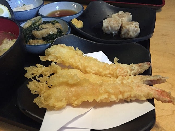 Shrimp tempura, with shumai in the background