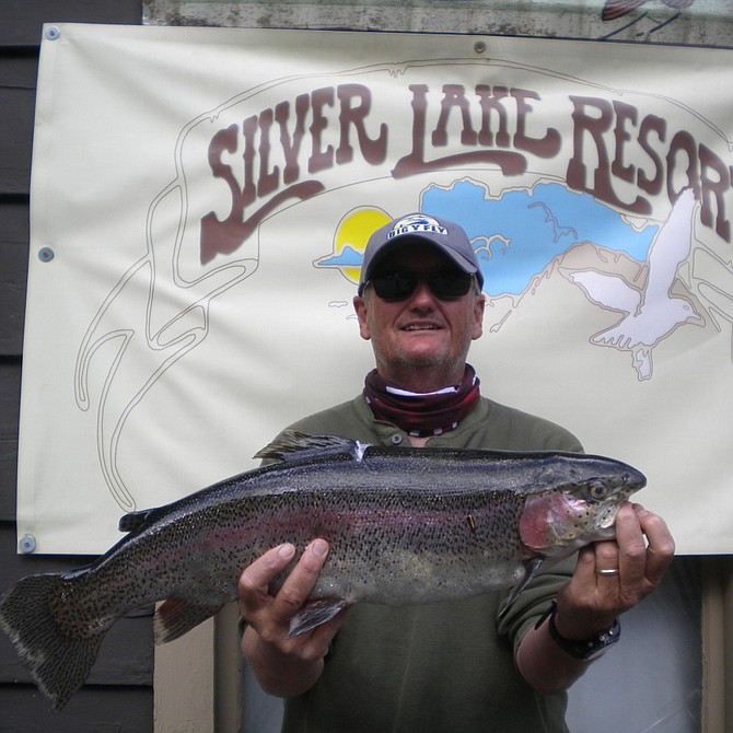 Bob Edwards of San Diego closes out the 2015 Eastern Sierra trout season with a "Big Boy" 8# 1oz'er caught on a Black Woolie worm fly at Silver Lake. (Courtesy of Silver Lake Resort)