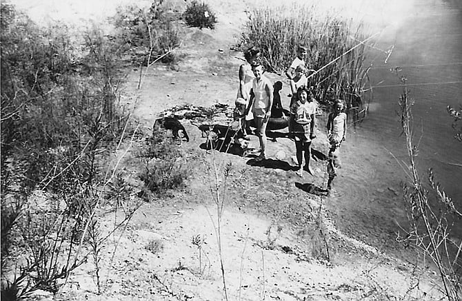 Author with family at Hollister Pond, c. 1950. The western end of the 11-mile-long park is Hollister Pond, where I fished and jumped off rafts.