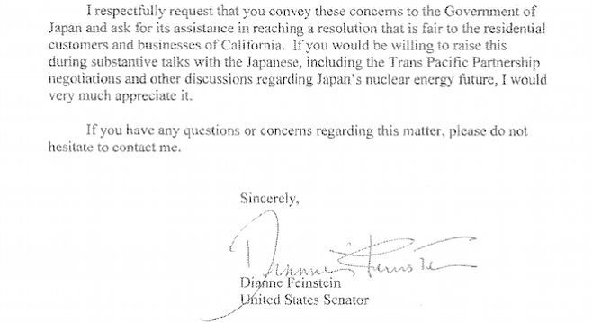 Portion of Feinstein letter to ambassador