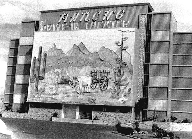 Rancho Drive-In, at the corner of Euclid and Federal, featured a mural on the back of the Rancho's green screen tower which depicted a Mexican village, cacti, and a campesino with his ox cart. The ox's head moved up and down.