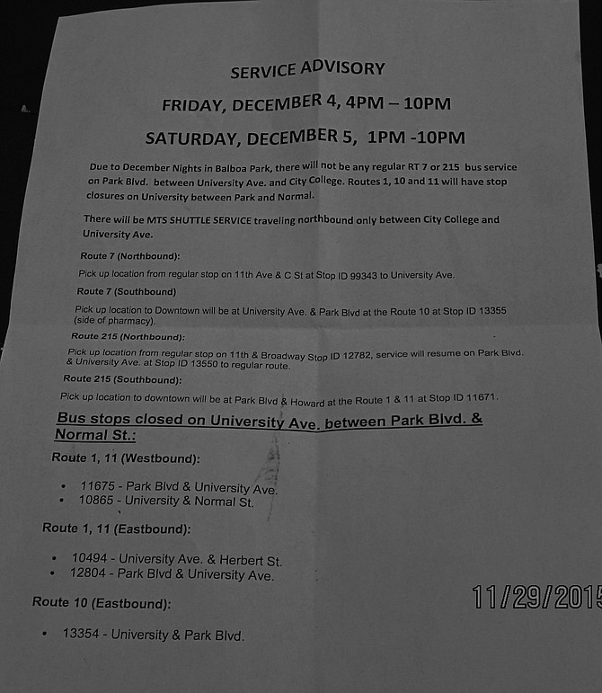 No 7 or 215 Park Boulevard MTS Service to Balboa Park December Nights 