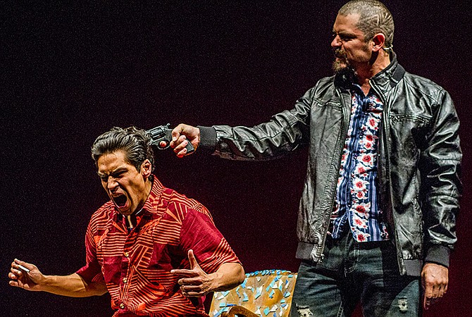 Jorge Rodriguez as Creon with Lakin Valdez in Oedipus el Rey at San Diego Rep