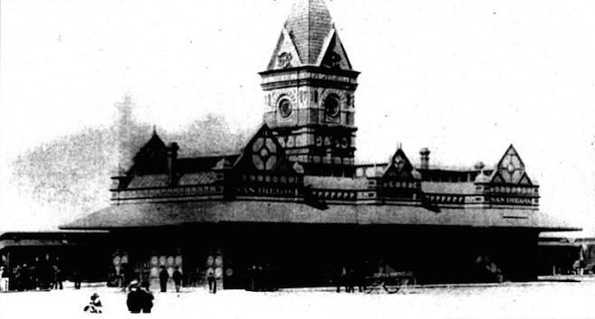 California Southern Railroad Depot, downtown San Diego, c. 1888. An imposing Victorian presence with a massive central tower impresses everyone who stands before it.
