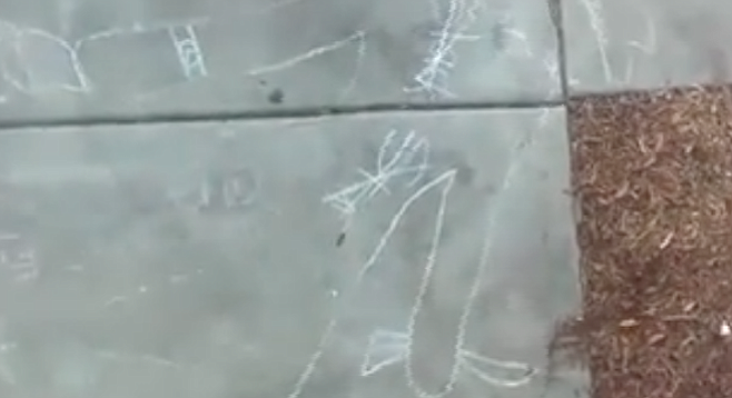 A Black Lives Matter demonstration left behind a chalk figure that was later “redrawn,” embellished with a “drug hat,” watermelon, a shank, and a bottle of malt liquor.