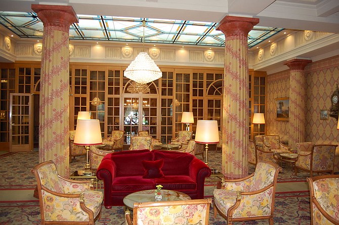 The elegant interior of the 19th century Kulm Hotel St. Moritz exudes Old World charm.