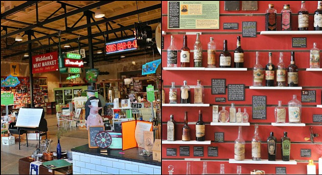 NOLA's Southern Food and Beverage Museum shares its open warehouse space with the Museum of the American Cocktail (left); selection of vintage bottles at the latter (right).