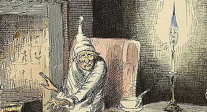Scrooge illustrated by John Leech, from the 1843 first edition of a Christmas Carol
