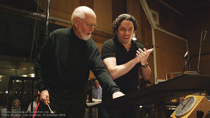 John Williams and Gustavo Dudamel (photo courtesy of Lucasfilm LTD LLC, Sony Studios, Los Angeles, 12 October, 2015)