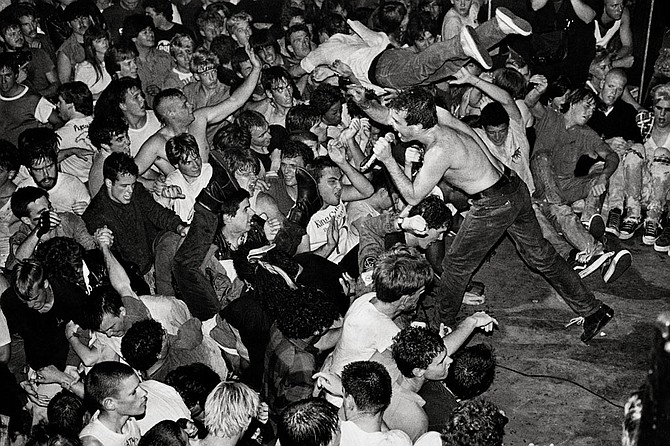 At a Dead Kennedys show at the California Theatre in the early '80s, "Four busloads of cops in full riot gear show up and close the place down."