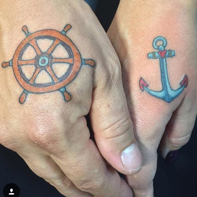 His and Hers ship wheel / anchor tattoos by Tim Lees of 4everUtat2 www.TimLeesTattoo.com