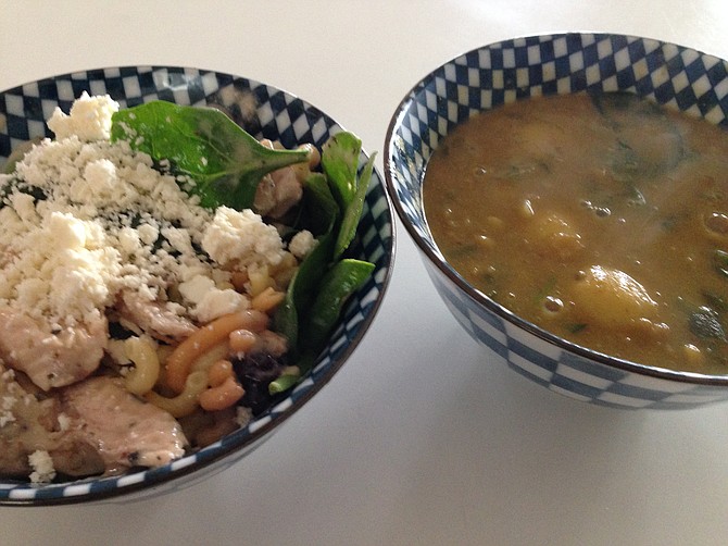 Peppercorn chicken salad with feta topping and split pea soup with spinach and potatoes