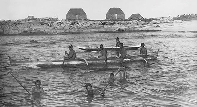 Outrigger canoes help bring in the catch, 1885