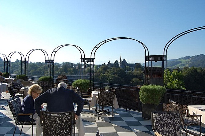 Dining with a view on the Bellevue Palace Terrace. Bern's History Museum is just across the Aare.
