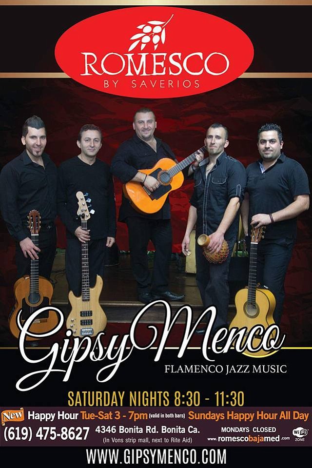 Spice up your Saturday at Romesco! for an evening of live Flamenco music in the Tapas Bar! Gipsymenco will be playing the newest music revolution, where flamenco and jazz meet!