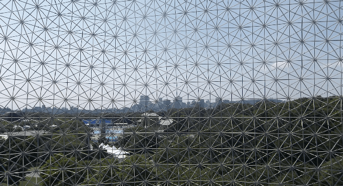 Montréal skyline through the 20-story-high Biosphere dome.