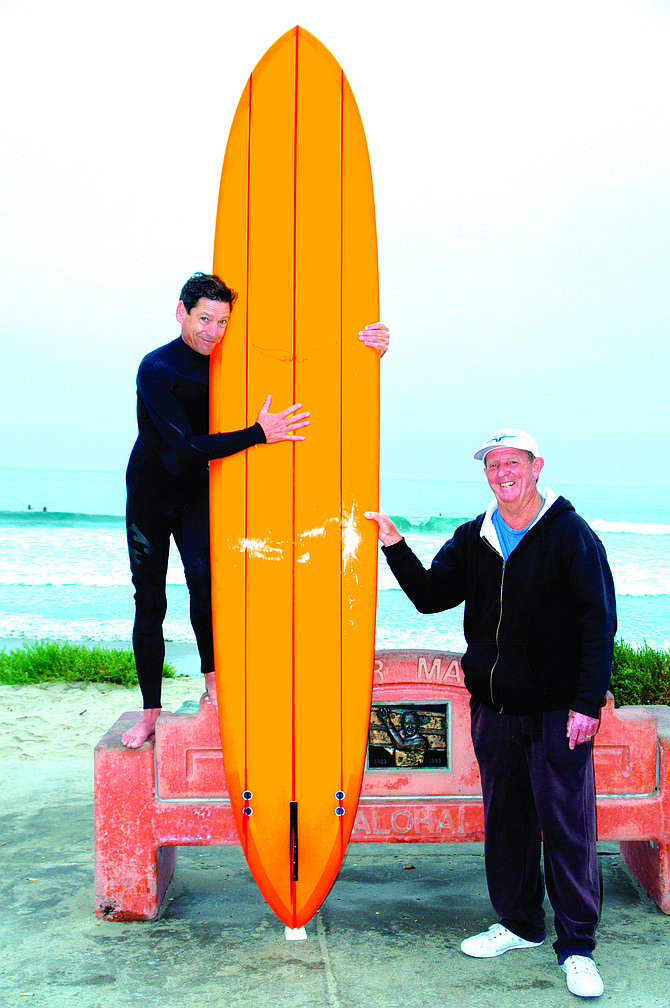 Goltz (author) and Frye with Goltz’s new board. One of the most important things about surfing is looking cool. By now, you’ve probably picked up that surfing on a Skip Frye–shaped surfboard at Tourmaline is pretty cool.