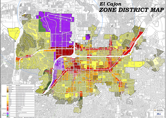 El Cajon allows breweries to operate without a conditional use permit only within its manufacturing zone, seen here in purple.