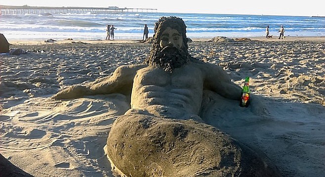 While Neptune seems to be enjoying a cold brew, alcohol and glass are not allowed on the beach; however, Syd and Spike seemed to have eluded a citation.