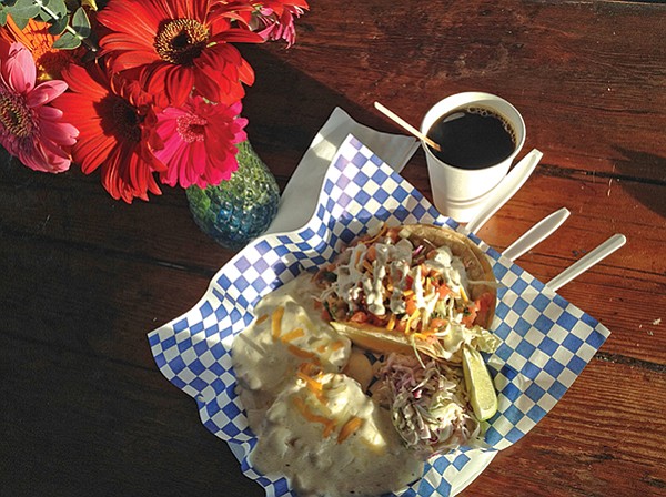 What $15 buys: lobster taco, chowder on buns, coleslaw, coffee.