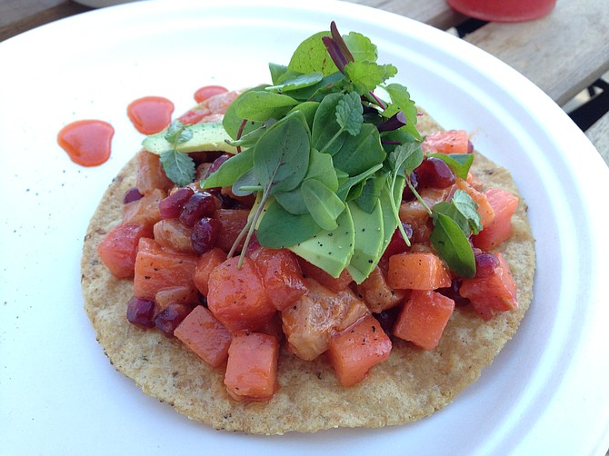 A beautifully wrought ceviche tostada, but it falls apart when you try to eat it