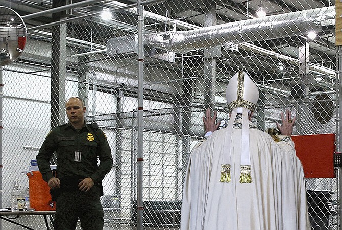 Papal pat-down: the Supreme pontiff assumes the position at the Otay Mesa immigration detention facility while a guard awaits instructions as to what exactly he is supposed to confiscate. Ultimately, Francis was permitted to keep possession of his Papal Ring, which one source described as “surprisingly blingy for someone who is such an advocate for the poor. I guess papacy has its perks.” The fancy hat, however, was removed, on the grounds that the gold tassels might been seen as indicating gang affiliation and spark a riot. The vestments he donated to a chilly youth, in keeping with Matthew 25:36: “I was naked and you clothed me."
