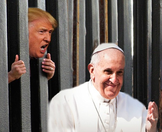 And stay out! Pope Francis, safely on the right side of the Playas de Tijuana-Imperial Beach border fence, greets supporters while Republican Presidential candidate Donald Trump, who arrived just in time for the Pope’s deportation, delivers an impromptu foreign policy speech on U.S.-Vatican relations. “Henry VIII knew a little something about Rome meddling with domestic issues! Trust me, Frankie, you don’t want to get your religious chocolate in my political peanut butter!"