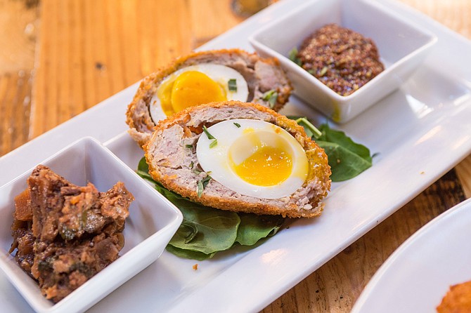Scotch egg with ploughman’s pickle and coarse mustard
