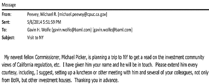 Email evidence that commission president Peevey fostered a relationship with Wall Street 