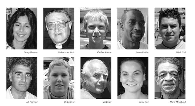 From top, left: Delmy Horman, Father Louis Solcia, Matthew Warren, Bernard Miller, Shiloh HallFrom bottom, left: Adi Pourfard, Phillip Reed, Joe Fisher, Jamie Hall, and Harry McClellan. "At first, I didn’t know if it was a joke, like in 1984, or if it was real."