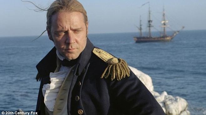 Russell Crowe sporting a British Royal Navy captain dress coat in Master and Commander
