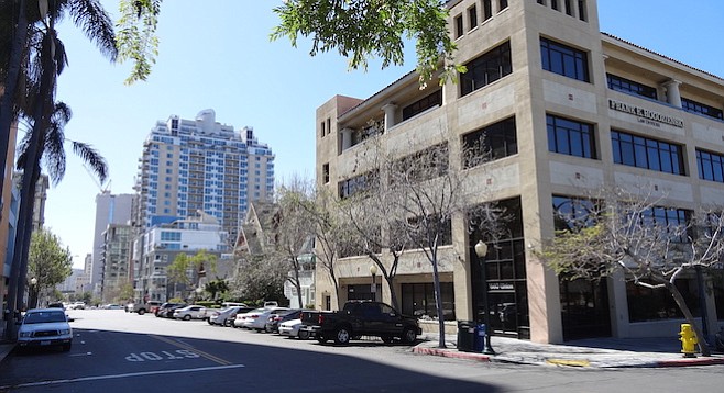 The school's forced move to 1660 Union Street (foreground) is considered "ideal" due to its proximity to Vantaggio Suites, where a number of foreign students reside