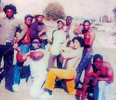 Curtis (far left, beige shirt) with original Neighborhood Crips 1982