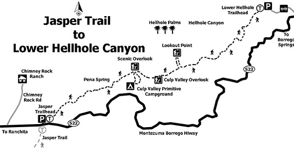 Map: Jasper Trail to Lower Hellhole Canyon