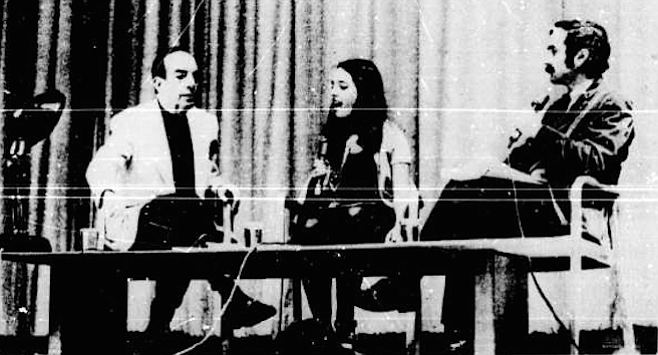 Vincent Minnelli (left) in Copley Auditorium discussion: "It's all intuitive."