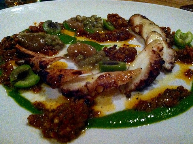 Octopus with pepperoni and salsa verde