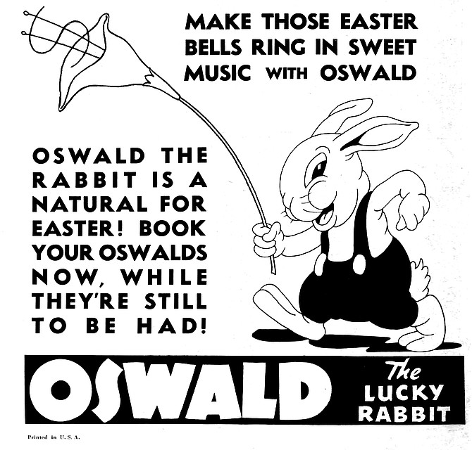 Uncle Walt’s first successfully merchandisable character, and the only one the animation giant let slip through his fingers. Oswald was created in 1927 by Disney and Ub Iwerks to be distributed by Universal Studios. Disney didn’t own the rights to the character and after a request for a raise was met with a 20% pay cut, he bolted. Disney went on to shorten Oswald’s ears, straighten his tail, and call him Mickey while the rabbit was left in the care of Woody Woodpecker’s future papa, Walter Lantz. "Universal Weekly," March 21, 1936.