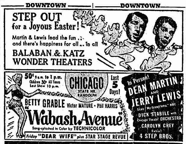 Funny bunnies, Dean Martin & Jerry Lewis, pull out all the hops for their in-person Easter extravaganza. "The Chicago Tribune," April 9, 1950.