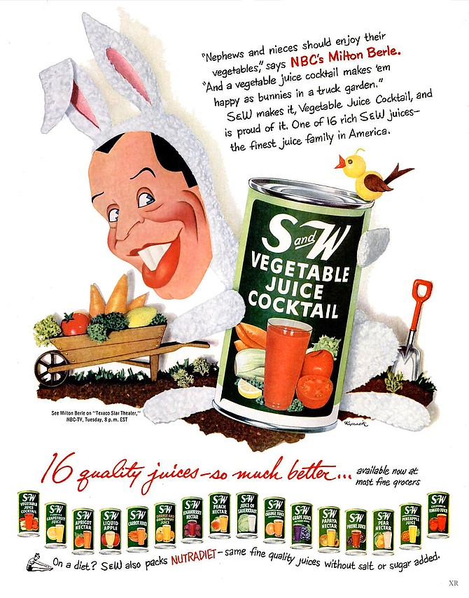 Milton Berle for Straight & Wide Vegetable Juice Cocktail. This 1952 ad was designed by the inimitable, Jacques Kapralik.