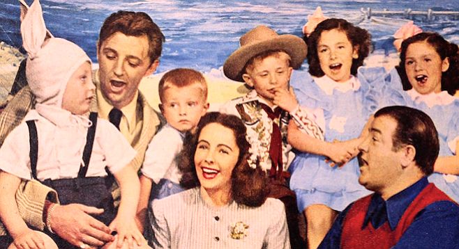(L to R) Jim, Robert, and Chris Mitchum, Elizabeth Taylor, Buddy, Carol, and Patty  Costello, and their pop, Lou. Modern Screen, May 1946.