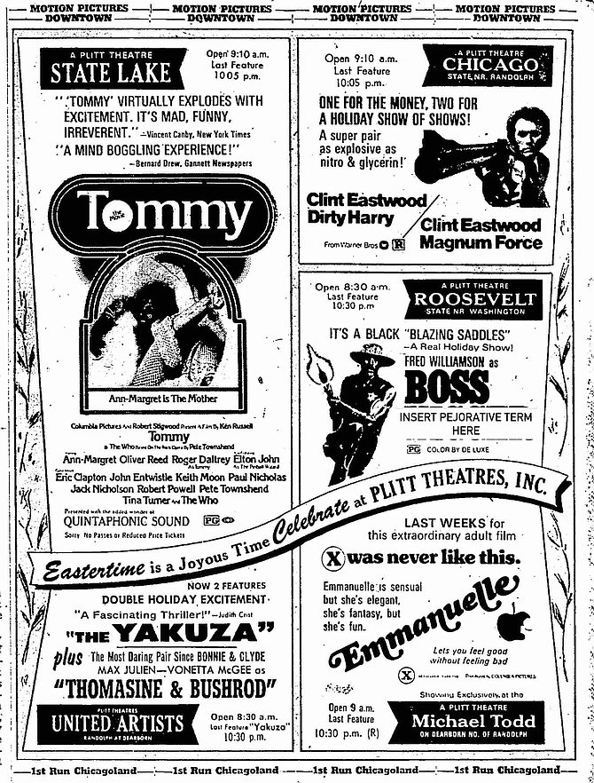 Magnums, flesh, karate, blaxploitation, and Quadrophonic sound! It truly was a joyous time. "The Chicago Tribune," March 30, 1975.